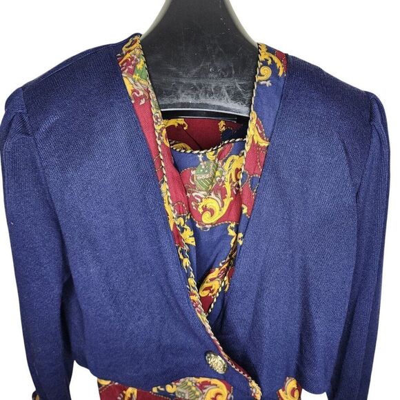 Vintage 90s Pant Set Cropped Knit Blazer Baroque WIde Leg Palazzo Womens L Blue - Picture 2 of 11